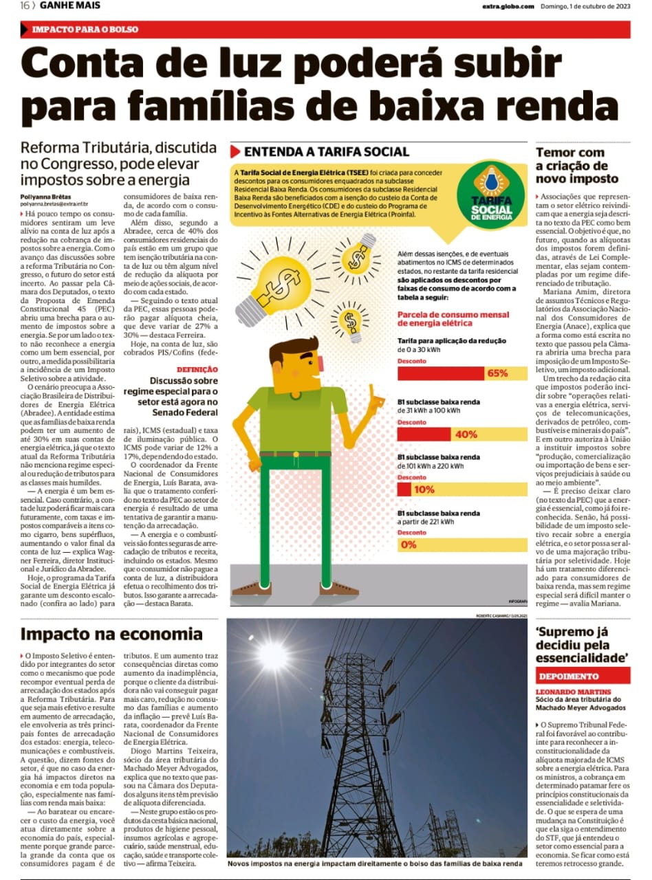 Reprodução de página do jornal Extra com matéria cuja manchete é: Conta de luz poderá subir para famílias de baixa renda