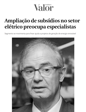 Reprodução de matéria do Valor Econômico com a seguinte manchete: Ampliação de subsídios no setor elétrico preocupa especialistas. A matéria também destaca uma foto do presidente da Frente, Luiz Eduardo Barata.