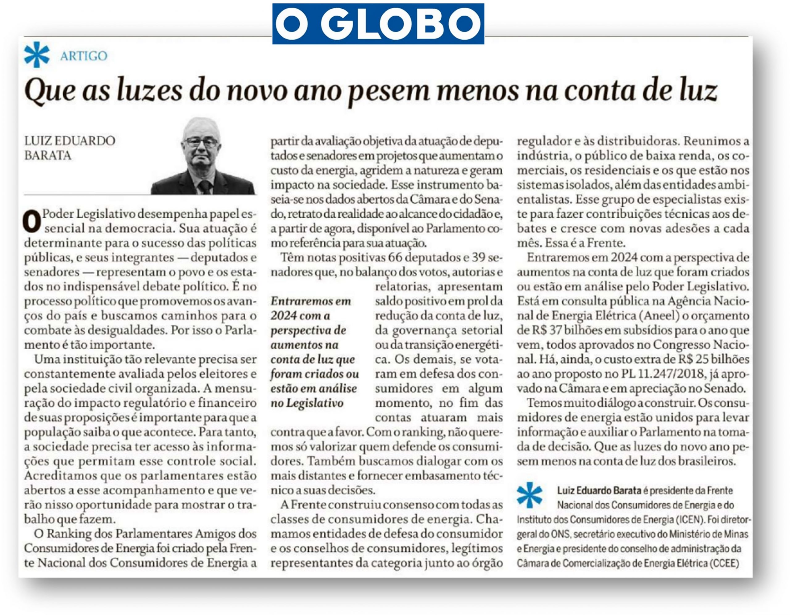 Reprodução de página do jornal O Globo, com artigo intitulado "Que as luzes do novo ano pesem menos na conta de luz".