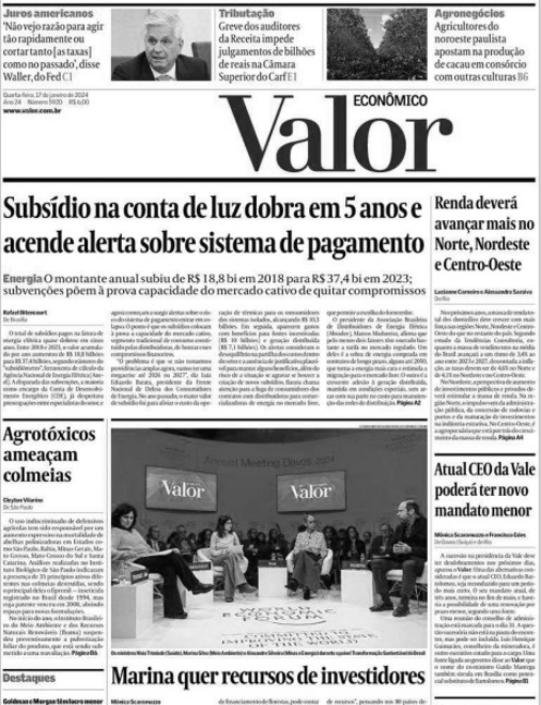 Reprodução de capa do jornal Valor, com o título "Subsídio na conta de luz dobra em 5 anos e acende alerta sobre sistema de pagamento"